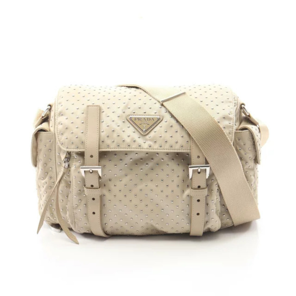 Prada Re Studded Shoulder Bag Leather Beige Cream